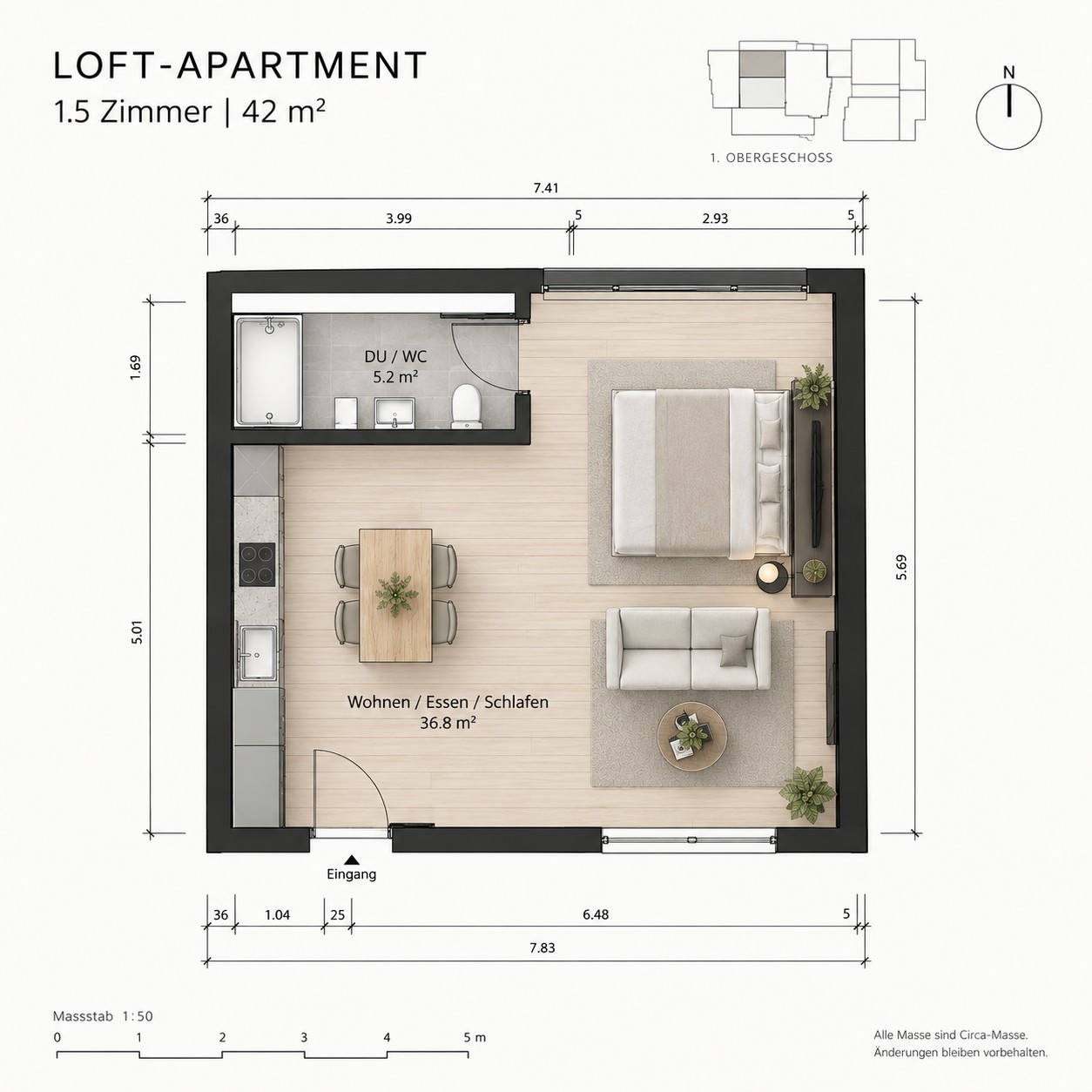 Loft fraîchement meublé d'environ 42 m² pour tous ceux qui souhaitent s'installer sans complications et se sentir immédiatement chez eux.

Idéal pour les actifs, les travailleurs de semaine ou les couples qui recherchent leur propre appartement et ne souhaitent pas conclure de contrats supplémentair, photo 6 sur 6