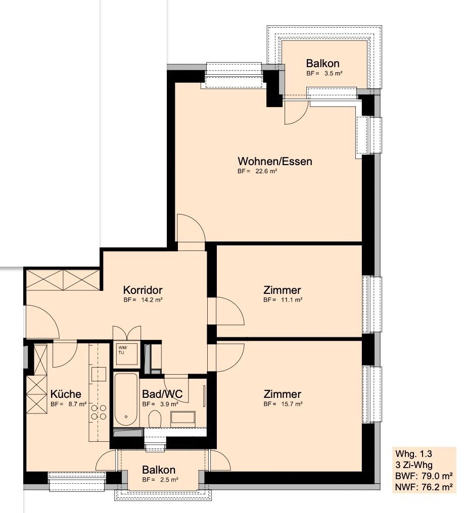 Lumineux appartement de 3.5 pièces avec deux balcons à Klusplatz (District 7)