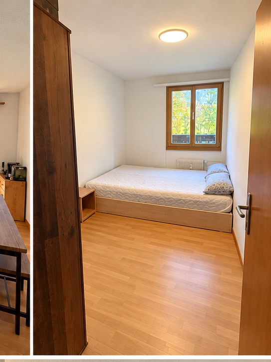 Chambre disponible dans un appartement en colocation à Gstaad.

Vous aurez votre propre chambre privée et votre propre salle de bain, le reste de l'appartement étant partagé avec une autre personne.

L'appartement dispose d'un espace de vie spacieux, d'une cuisine entièrement équipée et d'une terras, photo 1 sur 4