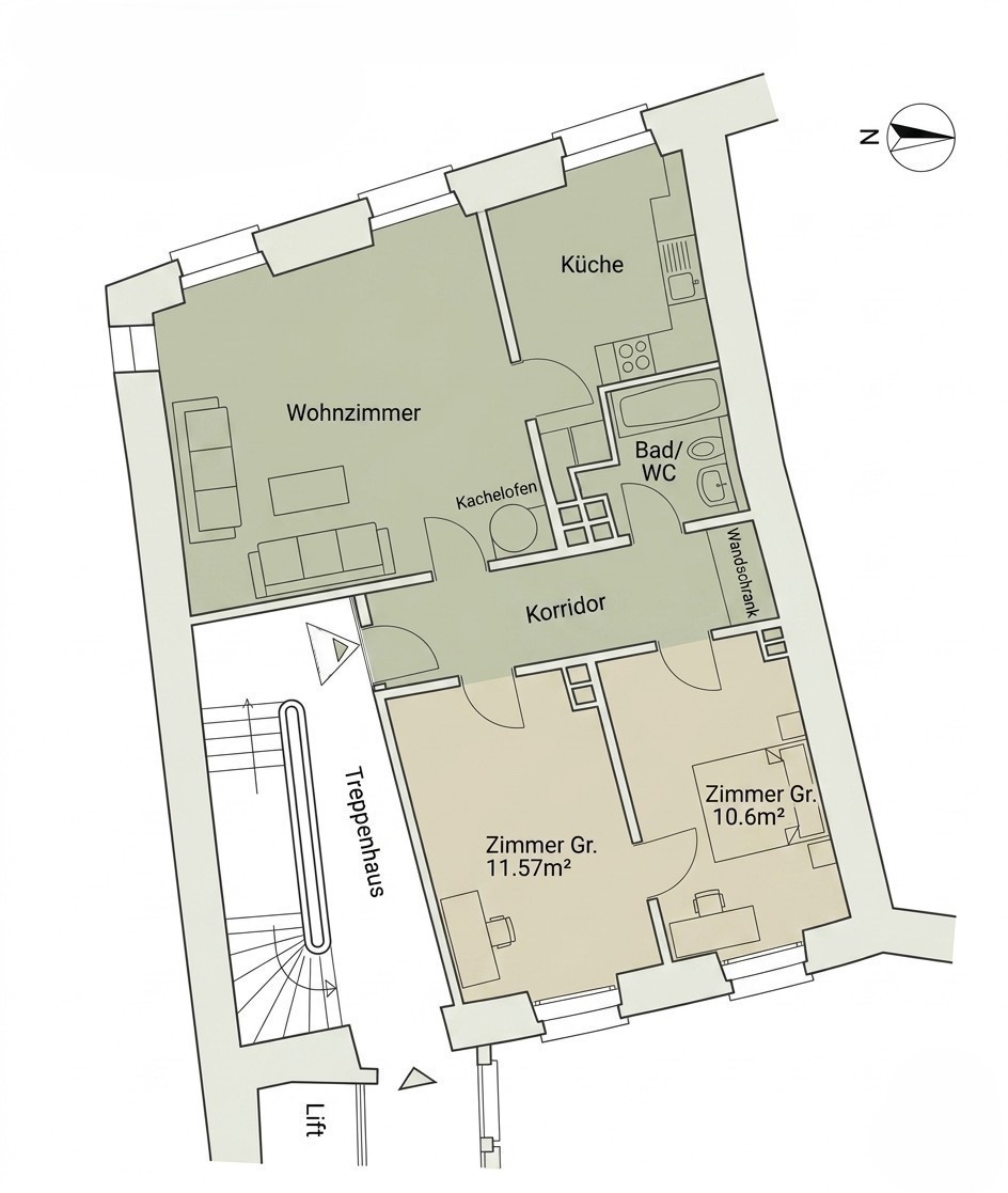 Appartement de 3.5 pièces lumineux et élégamment meublé dans un bâtiment ancien de charme, offrant 82 m² de surface habitable dans un emplacement très central, à seulement **2 minutes à pied de la gare**.

L'appartement allie le charme d'un bâtiment ancien à un intérieur chaleureux et moderne. Beauc, photo 7 sur 8