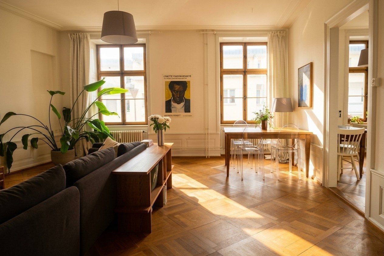 Appartement de 3.5 pièces lumineux et élégamment meublé dans un bâtiment ancien de charme, offrant 82 m² de surface habitable dans un emplacement très central, à seulement **2 minutes à pied de la gare**.

L'appartement allie le charme d'un bâtiment ancien à un intérieur chaleureux et moderne. Beauc, photo 3 sur 8