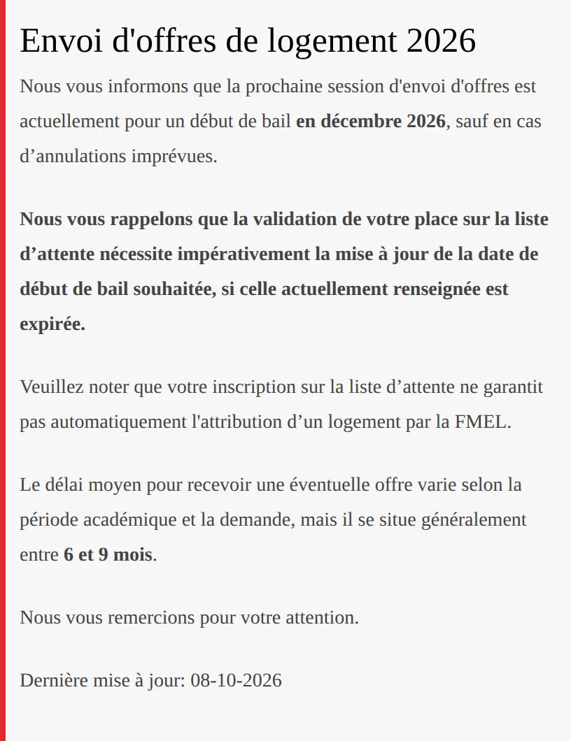Encadré du portail de la FMEL intitulé Envoi d'offres de logement 2026 : la prochaine session d'envoi d'offres est pour un début de bail en décembre 2026, l'inscription ne garantit pas un logement et le délai moyen est de 6 à 9 mois