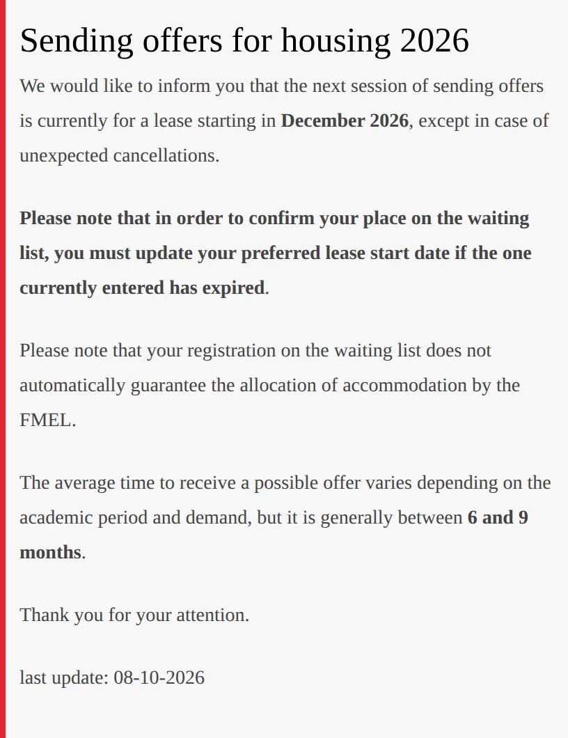 Notice on the FMEL portal headed Sending offers for housing 2026: the next round of offers is for leases starting in December 2026, registration does not guarantee accommodation, and the average wait is 6 to 9 months
