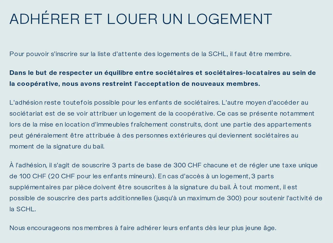 Page Sociétariat de la SCHL : il faut être membre pour s'inscrire sur la liste d'attente, l'acceptation de nouveaux membres est restreinte, sauf pour les enfants de sociétaires ou après l'attribution d'un logement