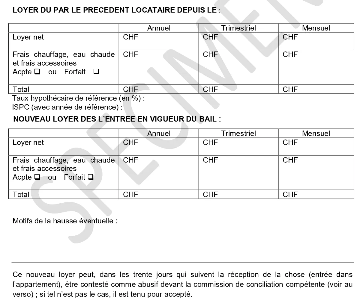 Formule officielle vaudoise : loyer du précédent locataire (net, charges, total), taux hypothécaire de référence et ISPC, nouveau loyer, motifs de la hausse et délai de trente jours pour contester